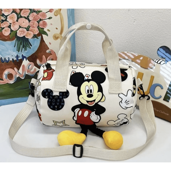 Mini Duffel Bag with Adjustable Shoulder Strap, Character Print Top Handle Bag, Beige