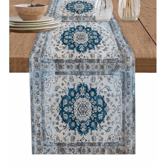 Vintage Boho Table Runner 48 Inches, Retro National Flower Textured Blue Bed Runner Dresser Scarves Tabletop for Indoor Outdoor Parties/Ceremony/Banquet, 13" x 48"