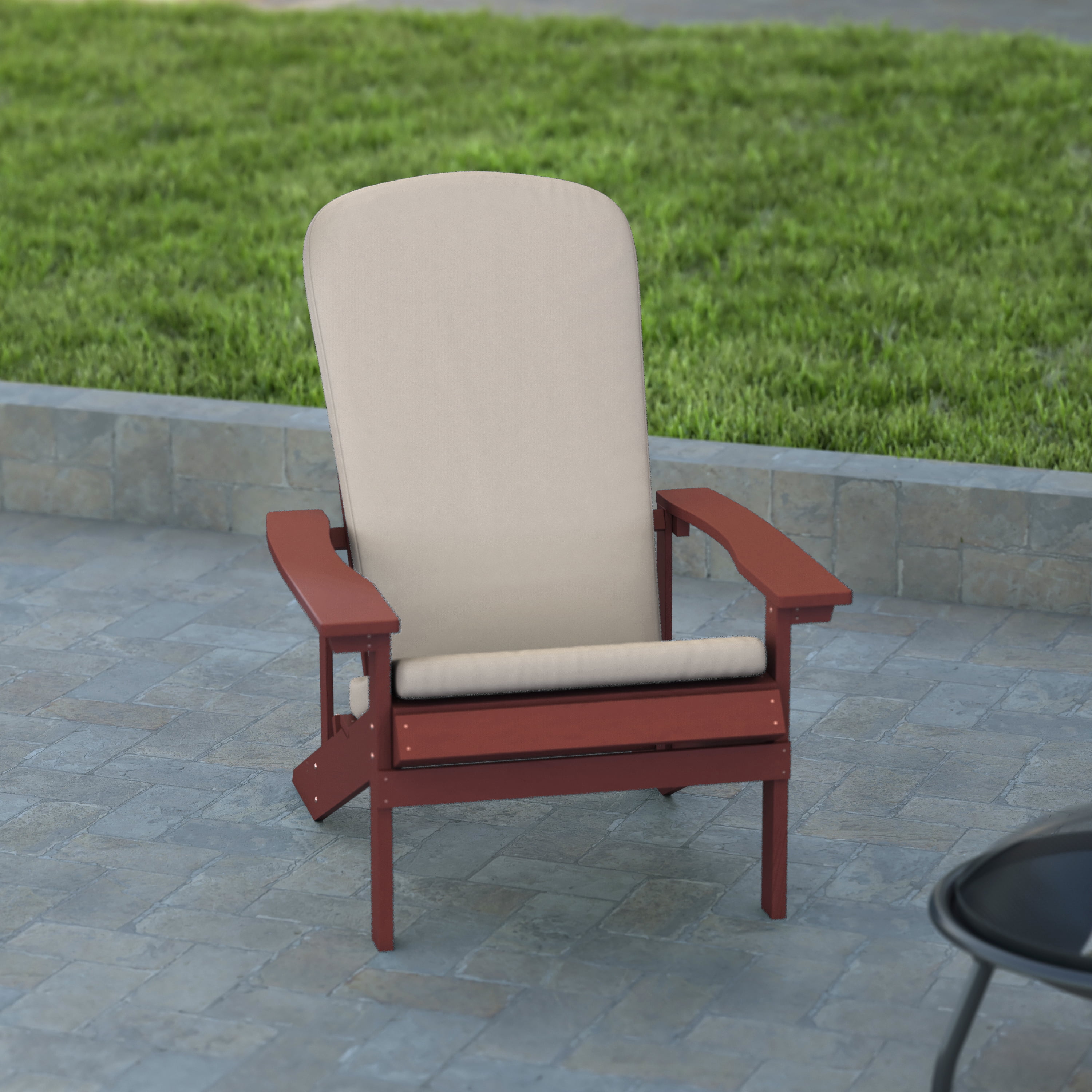 Emma + Oliver Set of Two Red All-Weather Polyresin Adirondack Chairs with Cream Cushions