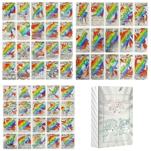 55 piezas (5GX+3Vstar+47V-max) Tarjetas surtidas de lámina dorada arcoíris, juego de tarjetas GX V-star V-max Charizard para coleccionistas de tarjetas de regalo de cumpleaños para niños