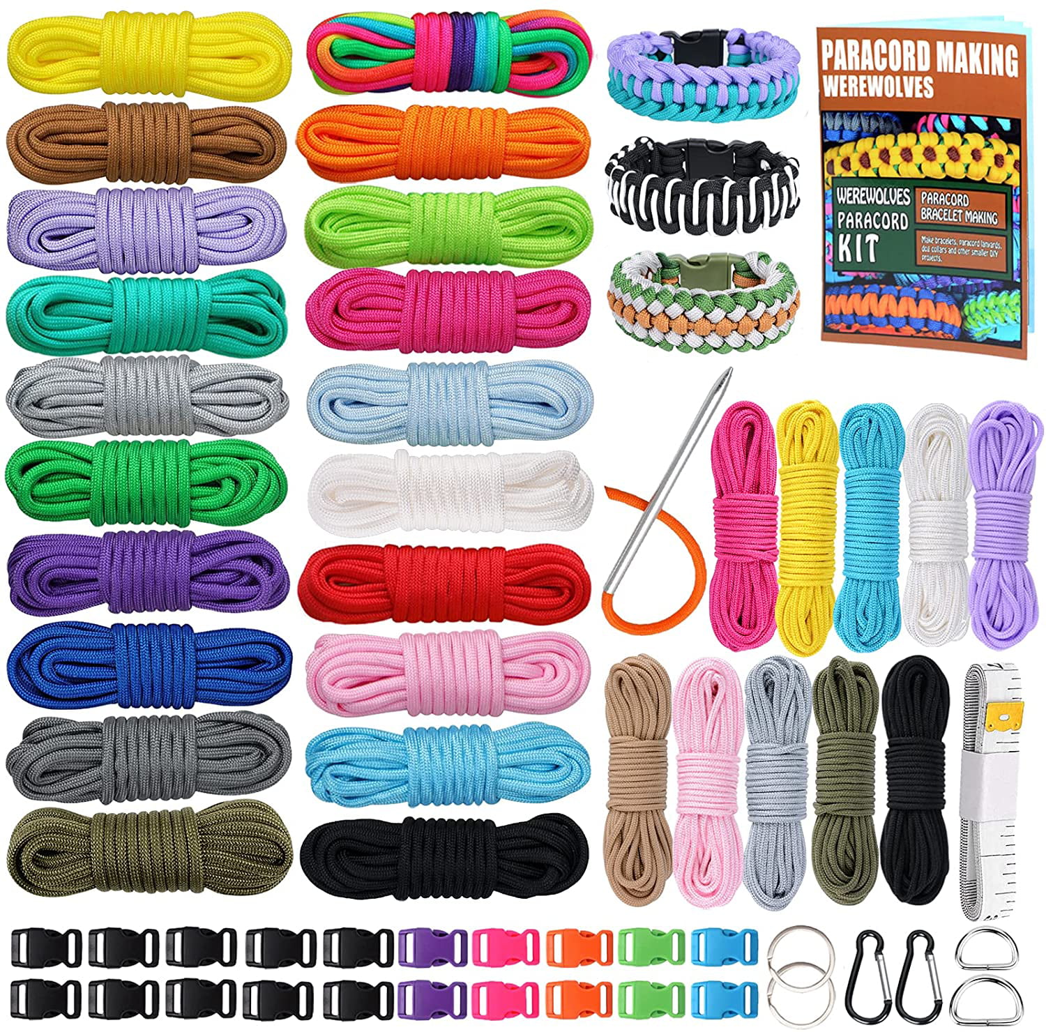 Keychain Dog Collar Lanyard Tent Rope Paracord Combo Crafting Kit with Buckles and Paracord Stitching Needles for Making Bracelet 24 Colors 10 Feet Paracord Cord 550 Multifunction Paracord Ropes