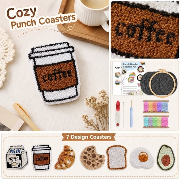 Food-Themed Punch Needle Coaster Set, DIY Craft Kit with Tools & Pre-Cut Fabric, Handmade Drinks Coasters for Home (H)