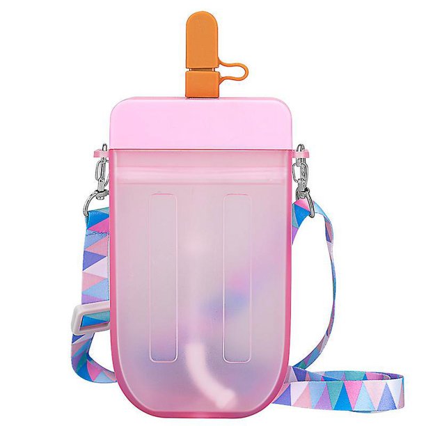pink Taza de plástico portátil para niños, vaso de plástico portátil con forma de corazón para niña, en diagonal, a través de la taza de agua, para estudiantes y mujeres