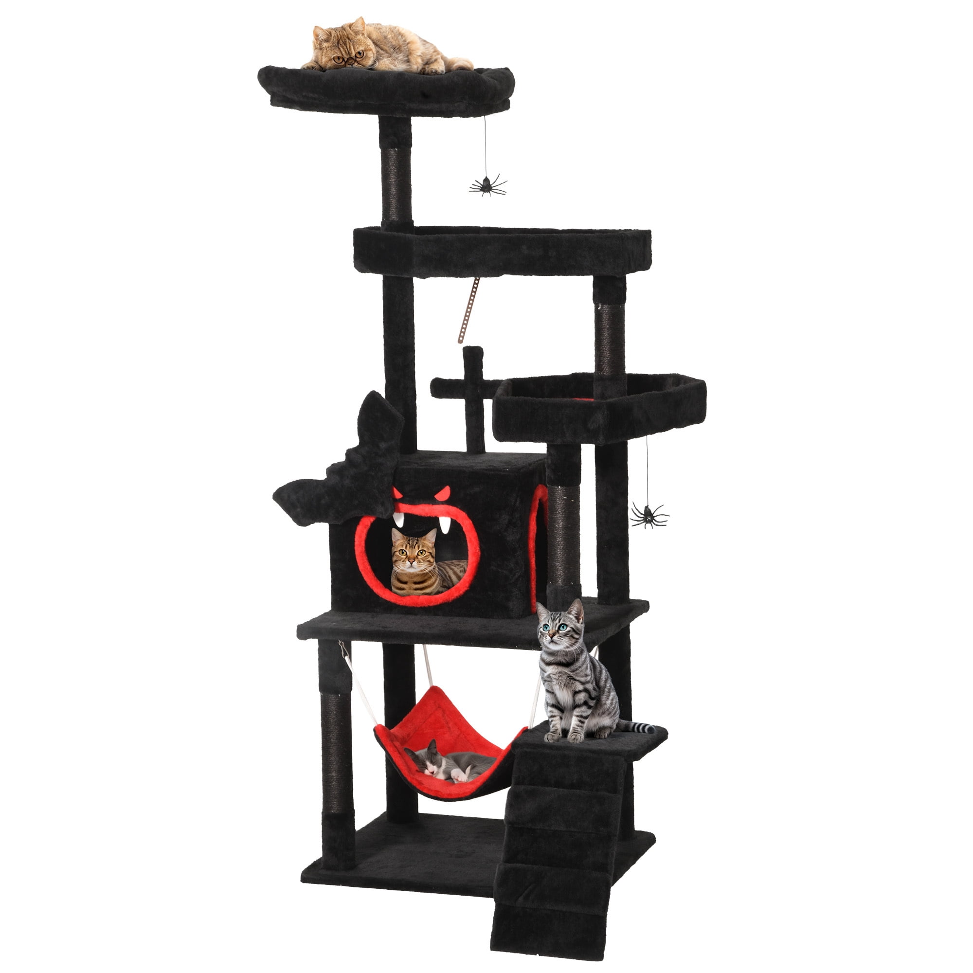 Uforic 63in Gothic Cat Tree with Coffin Bed, Tall Halloween Cat Tower for Indoor Cats with Top Perch & Sisal Scratching Posts, Black