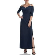 R & M Richards Petite Cold Shoulder Rhinestone Strap Long Dress, Coal, 4P