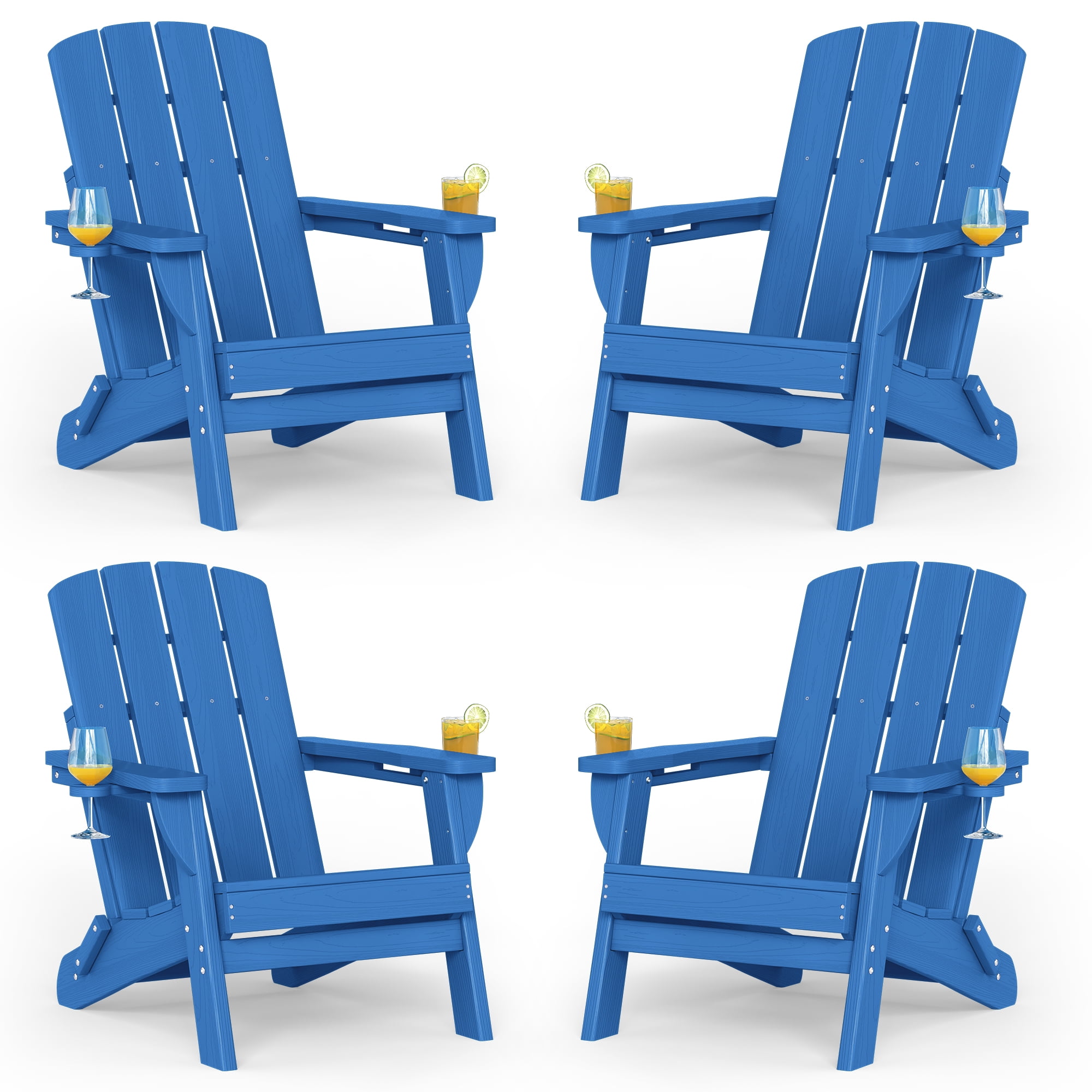 Adirondack Chair Set of 4, Outdoor Folding All-Weather HDPE Adirondack Chairs with 2 Cup Holders for Patio, Blue