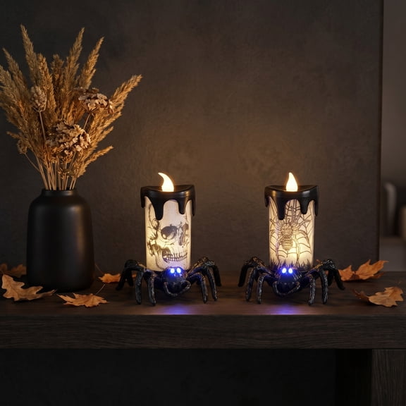 Halloween Home Decor Indoor, Haunted House Decorations, Halloween Party Decorations, Halloween Flameless Candles, 2 Pcs Random Pattern Skull Printed Glowing Candle Light Ornaments