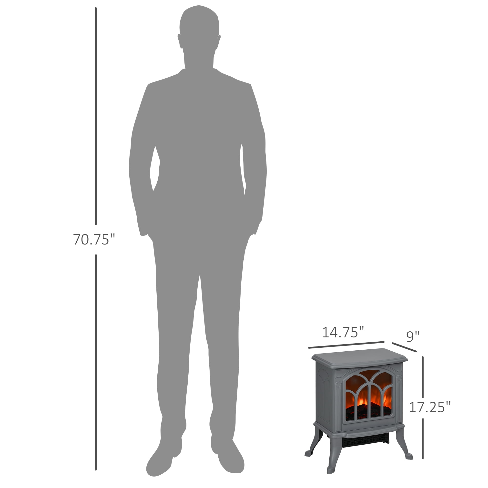 14.75" Freestanding Electric Fireplace, Gray 750W/1500W 161-215 sq.ft, Tempered Glass Overheat Protection Independent Flame Effect