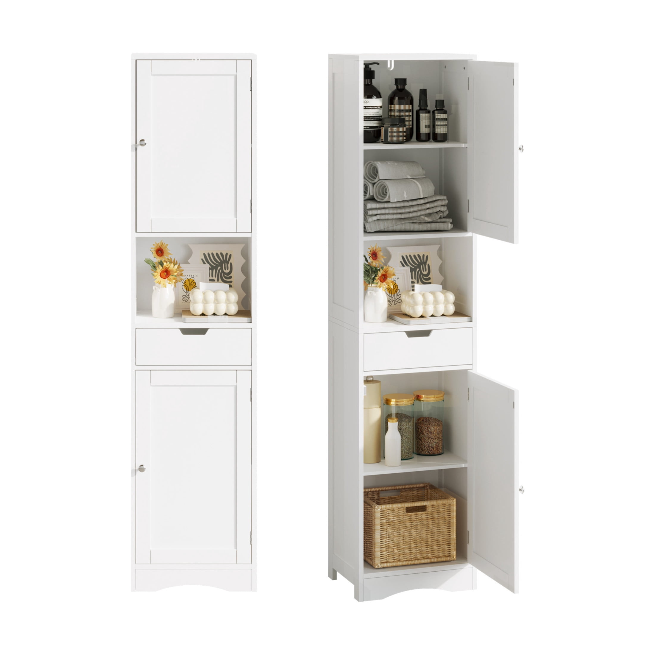 Noble House 67" Tall Bathroom Cabinet, Narrow Storage Tower with Doors and Hidden Drawer, Adjustable Shelves, White
