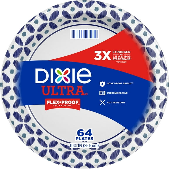 Dixie Ultra Paper Plates, Pack of 64 Count, Large Dinner Size (10 1/16 inches) Disposable Plates; Designs May Vary