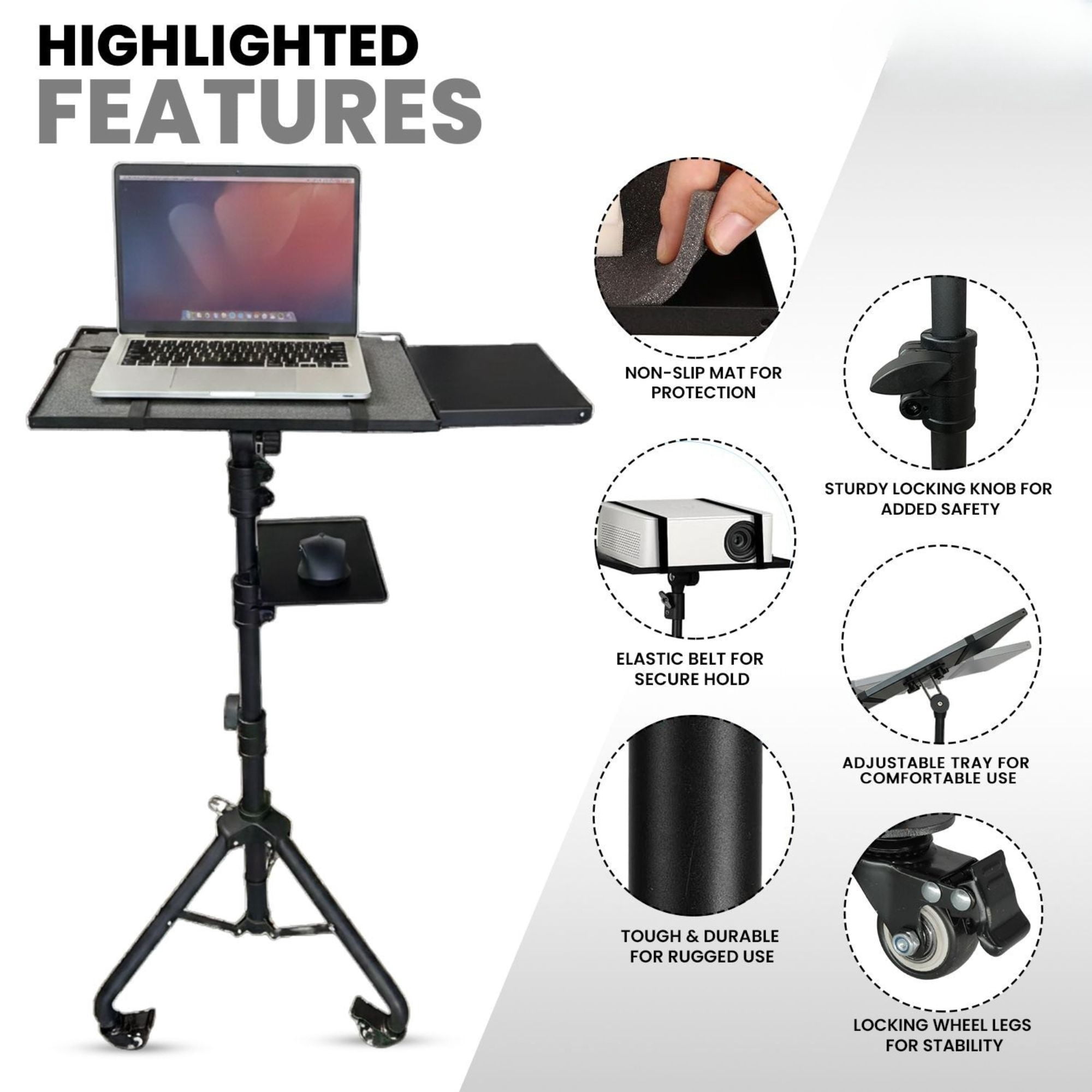 Adjustable Projector Stand Tripod - 71" Portable Laptop Floor Stand with 2 Trays