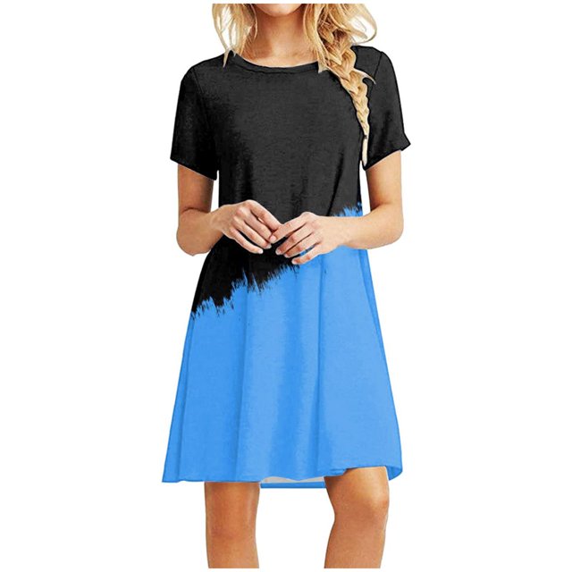 Ersazi Robe pour Femmes 2023 Mode pour Femmes Col Rond Chandail à Enfiler avec Manches Courtes Imprimées Décontractée Ample Longueur Genou en Liquidation Bleu G