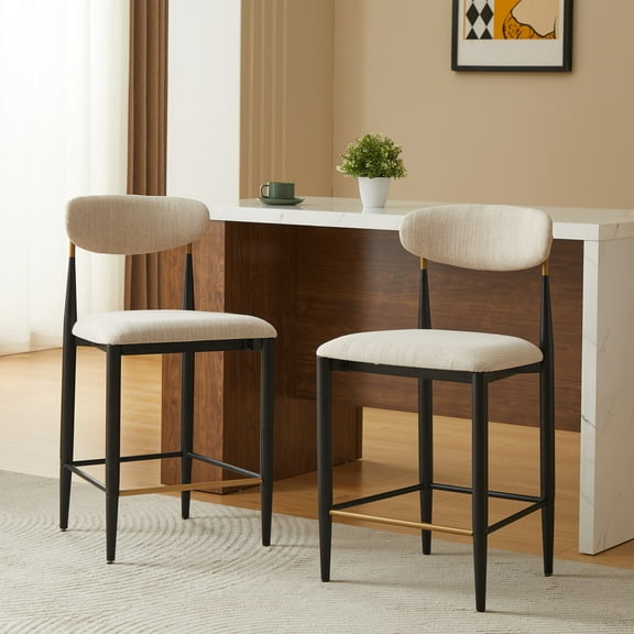 Christopher Knight Home 25.5" Armless Counter Stools, Beige Upholstered, Black Iron Frame, Set of 2