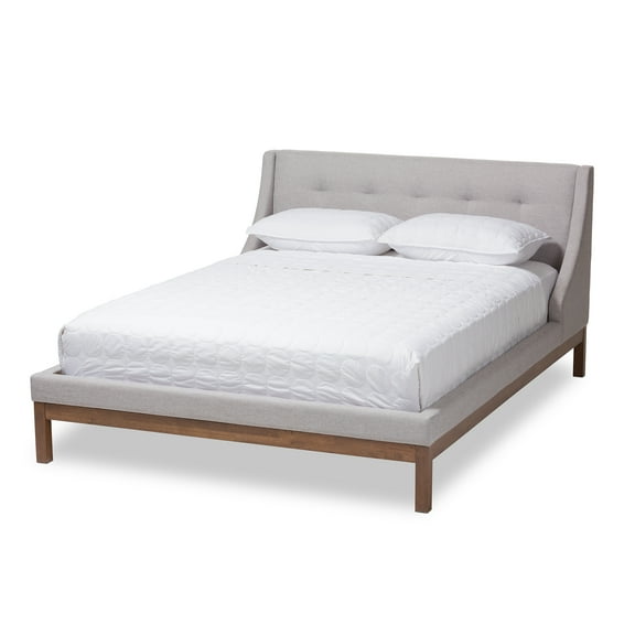 Baxton Studio Full Louvain Contemporary Upholstered Wood Standard Bed, Beige/Walnut