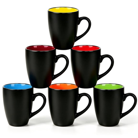 TINANA 12 oz Ceramic Coffee Mugs Set of 6, Matte Black Coffee Cups with Colorful Interior, Tea Mugs for Home Office, Microwave and Dishwasher Safe