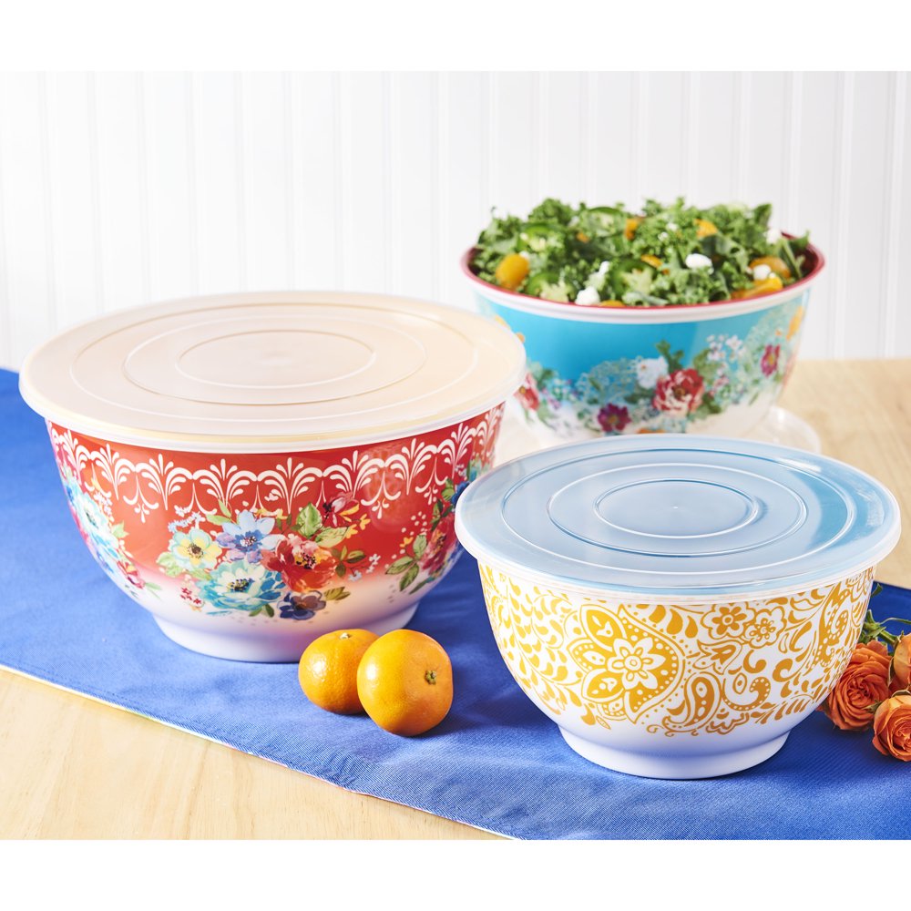 The Pioneer Woman Melody Melamine Mixing Bowl Set, 6 Pieces with Lids