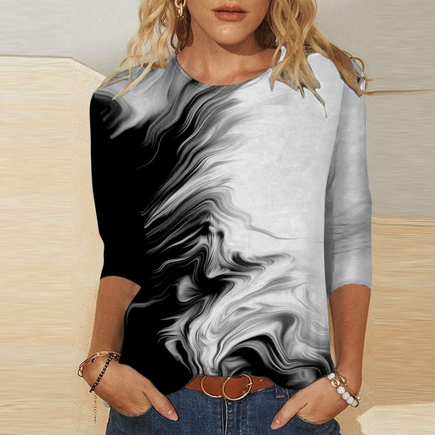ICHUANYI Clearance Women's Fashion Printed Loose T-shirt 3/4 Sleeves Blouse Round Neck Casual Tops(White, M) ICHUANYI WER2023081110462
