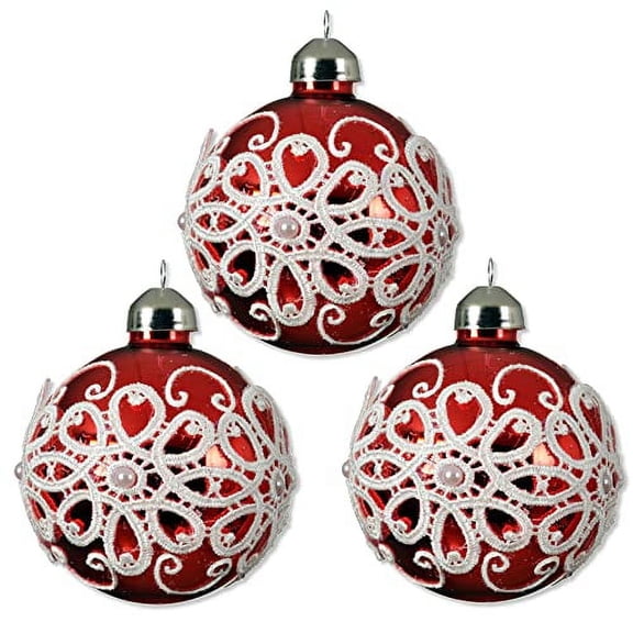 Red Lace and Pearls Blown Glass Ornaments - Set of 3 Decorations