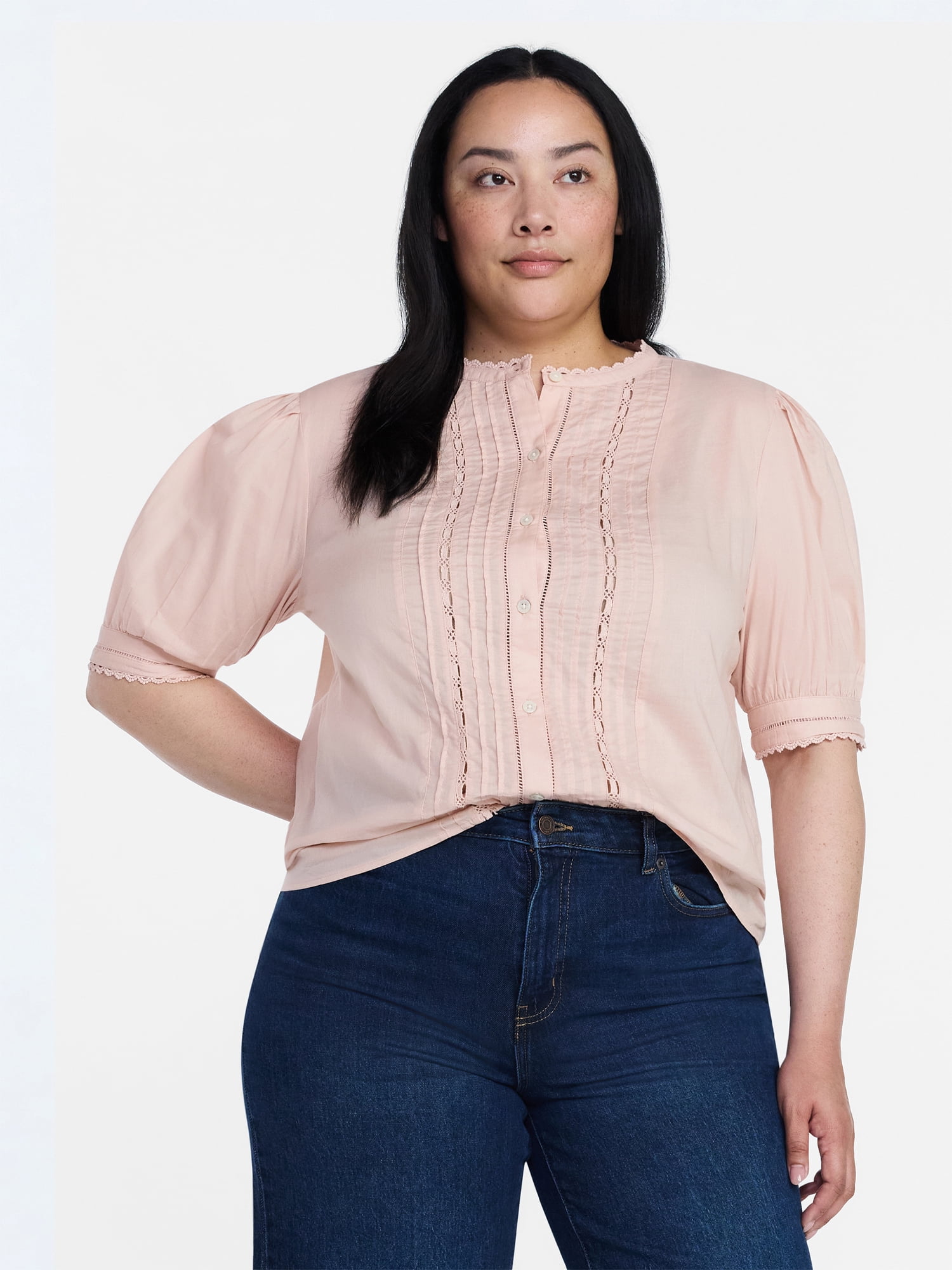 Time and Tru Women's and Women's Plus Cotton Lace Inset Blouse with Elbow Length Sleeves, Sizes XS-4X