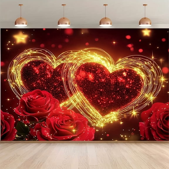Sparkling Heart and Rose Backdrop Romantic Dreamy Valentine's Day Photography Background Red Golden Heart Couple Valentine Party Decorations Banner Supplies Photo Booth Props