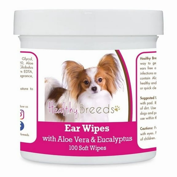 Healthy Breeds 192959824308 Papillon Ear Cleaning Wipes with Aloe & Eucalyptus for Dogs - 100 Count