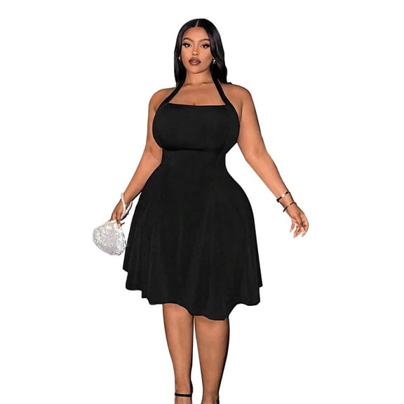 AURA Plus Size Womens Black Halter Square Neck Sleeveless Mini Dress High Waist A Line Knitted Sexy Summer