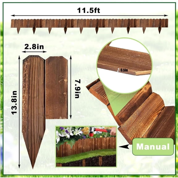 Garden Wooden Fence, 12ft X 8in Pine Wood Flower Bed Edging for Outdoor  Lawn Yard Decoration