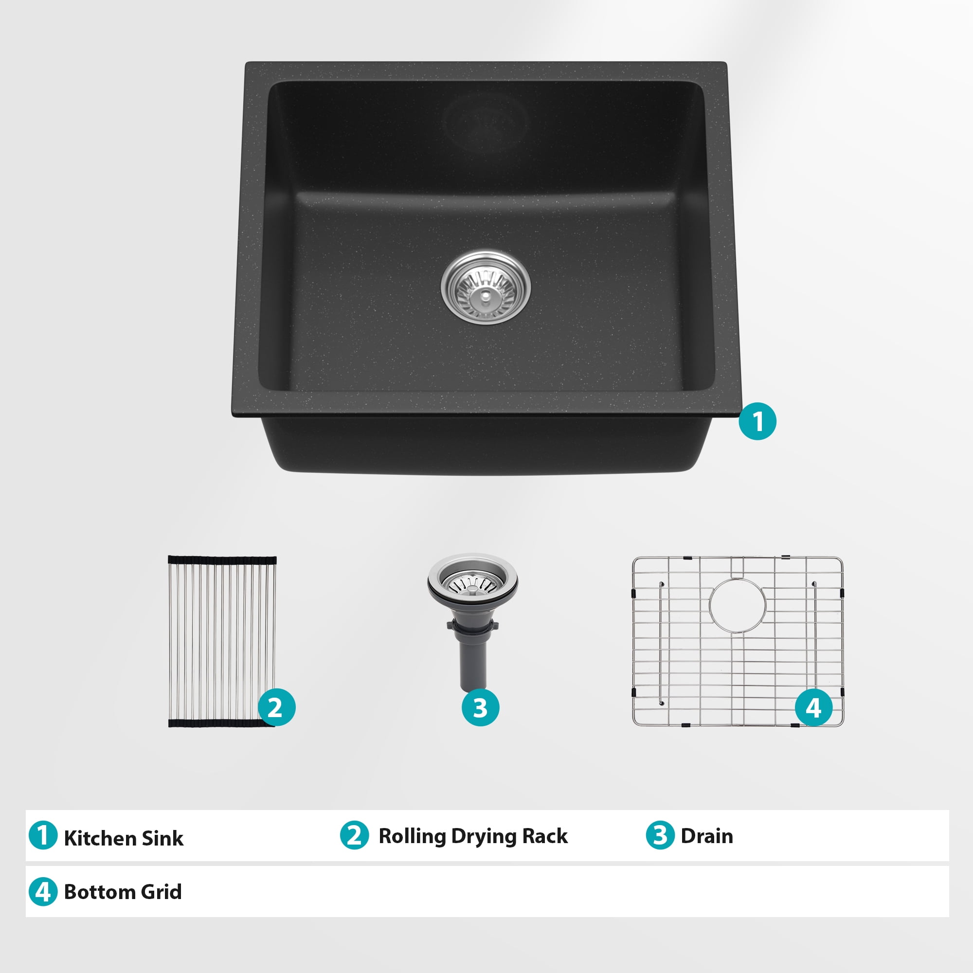 METAFLOWX Quartz Kitchen Sink - 21" x 18" x 9.65" Black Granite Composite Undermount Bar Sink