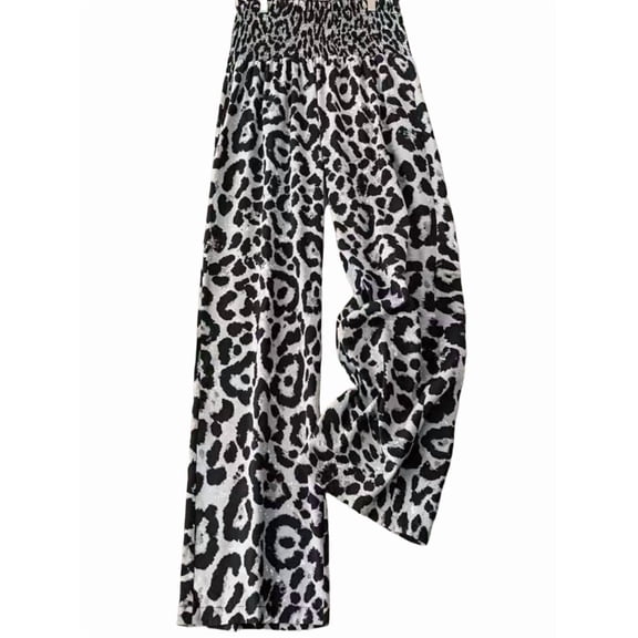 Women'S Leopard Print Wide Leg Pants Elastic Waist Casual Loose Fit Trousers Fashion Lounge Gray Leopard Print L