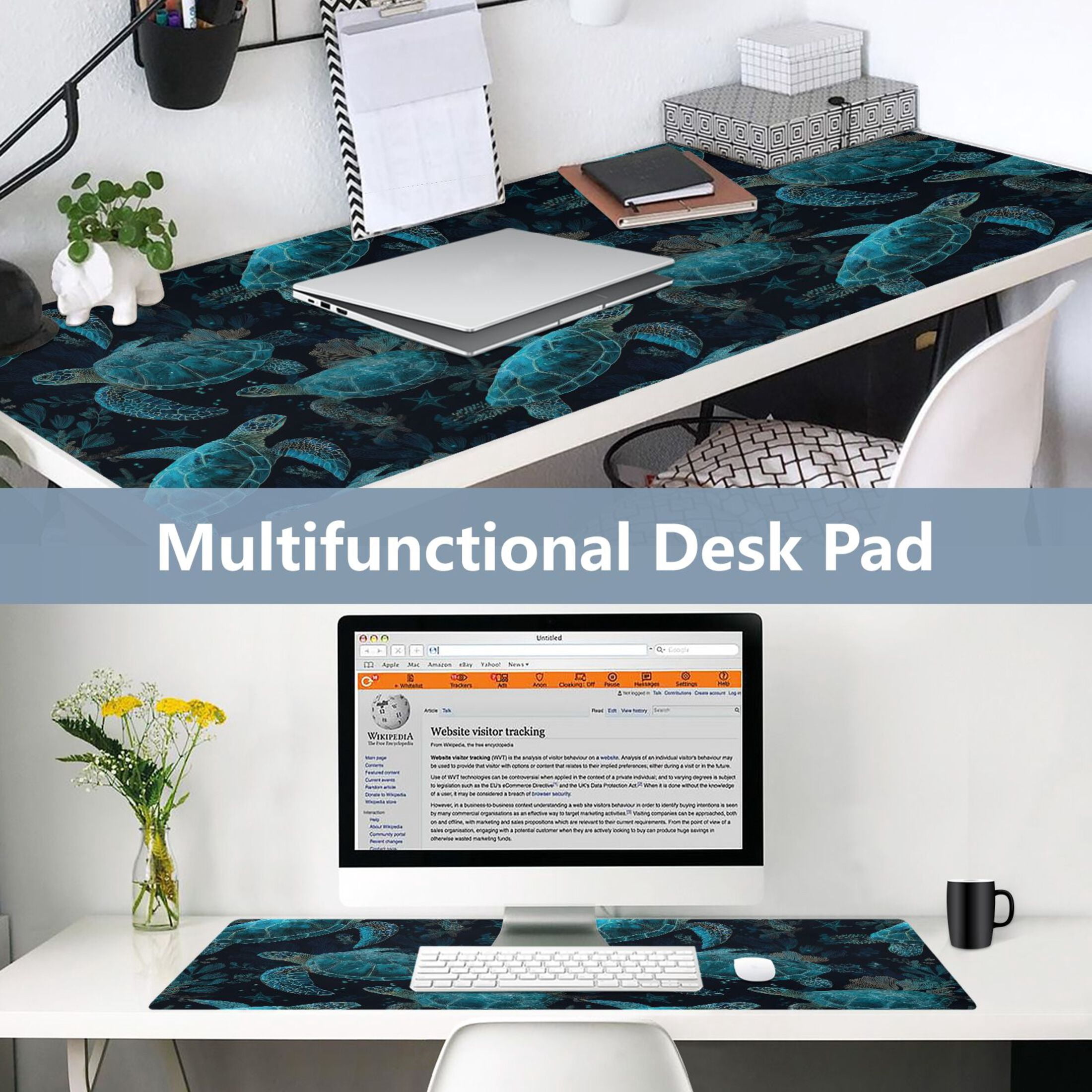Leather Desk Pad Protector Mouse Pad Laptop Desk Mat Non-Slip Waterproof for Office and Home Green Sea Turtles Pattern