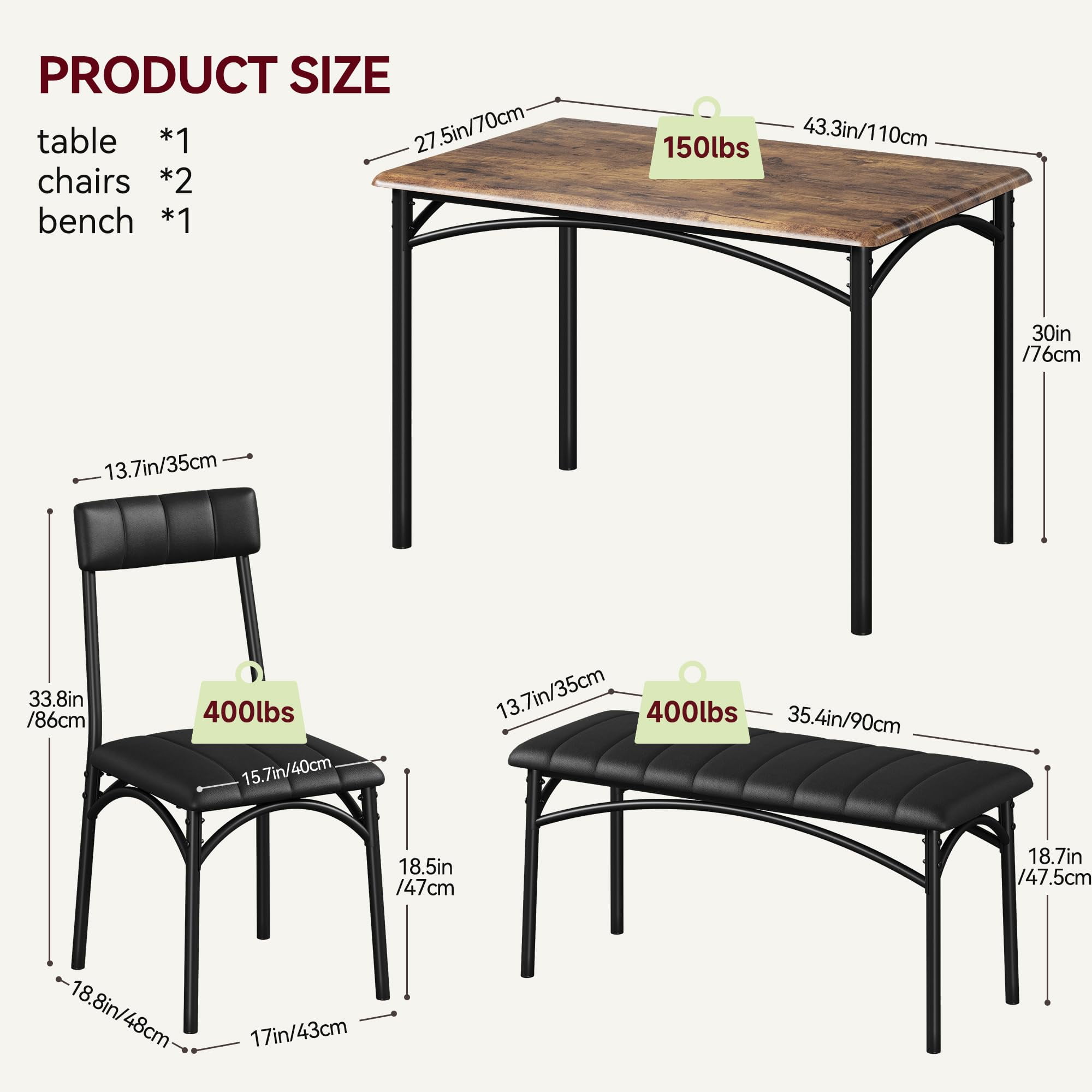 TROPOW Dining Table Set for 4, Kitchen Table with Upholstered Bench and 2 Chairs, Kitchen Table and Chairs Set, for Small Space, Apartment, Home, Kitchen, Retro