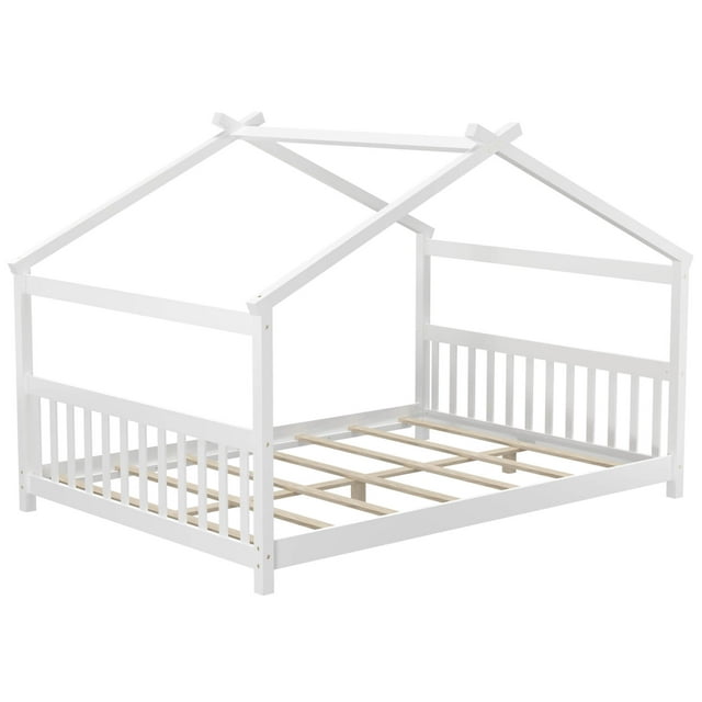 Costway Full Size House Bed with Roof Wooden Low Floor Bed No Box Spring Needed White