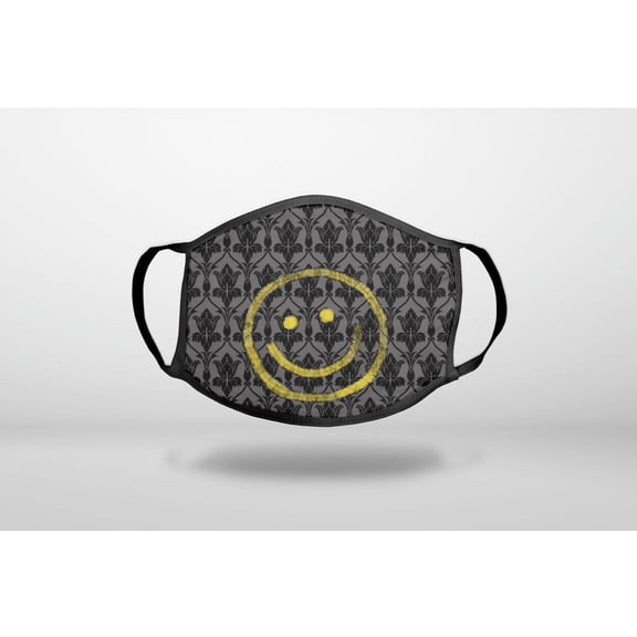 Yellow Smiley Face Black Grey Damask - 3-Ply Reusable Soft Cloth Face Covering, Unisex, Cotton Inner Layer