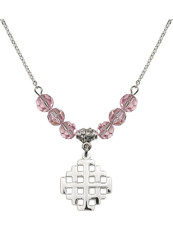 18 Inch Rhodium Plated Necklace w/ 6mm Light Rose Pink October Birth Month Stone Beads and Jerusalem Cross Charm 