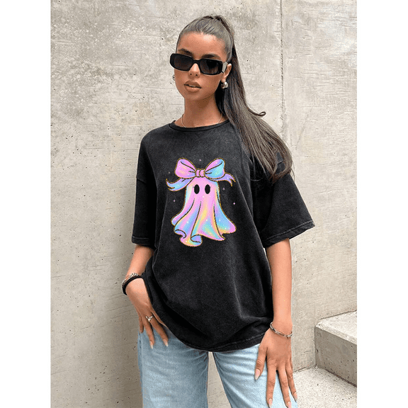 Purple cute ghost, washed Cotton round-neck short-sleeved cotton comfortable black S-2XL plus size