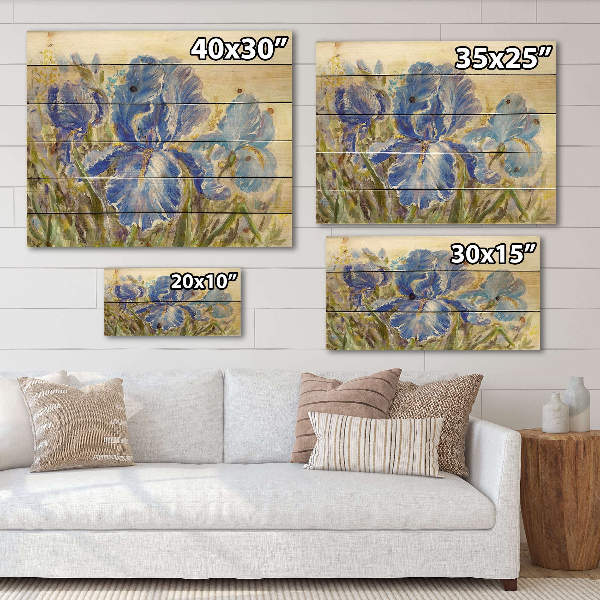 Designart 'Blue Irises Blossoming Flowers' Traditional Print on Natural Pine Wood