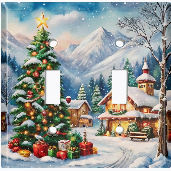 Metal Light Switch Wall Plate Outlet Cover (Printed Image of Christmas Winter Village - Double Toggle)