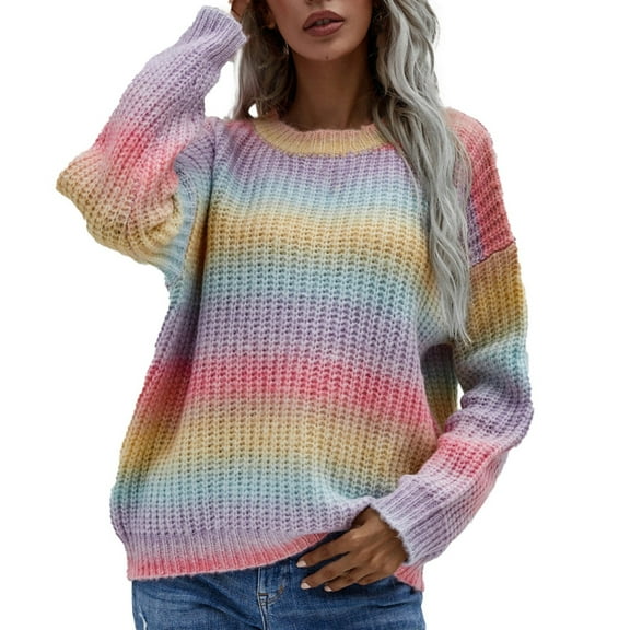 Pink Womens Sweatshirt Ladies Crew Neck Long Sleeve Knit Rainbow Sweater Fashion Loose Tops Fall Clothes for Women