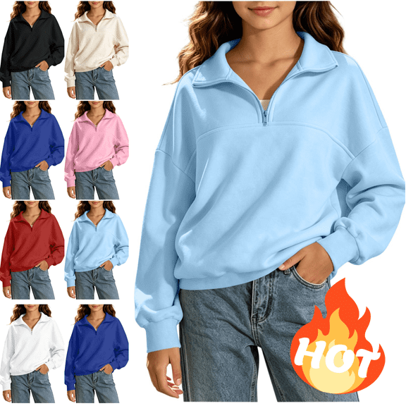 Mifsaly Girls Quarter Zip Pullover Sweatshirt Kids Back to School Sweatshirts Stand Collar Long Sleeve Fall Winter Casual Everyday Clothing