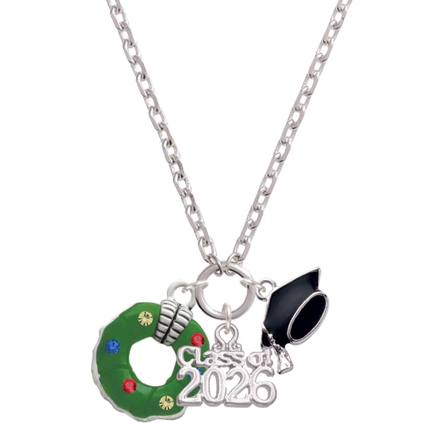 Delight Jewelry Silver-tone Green Resin Wreath with Crystals - Class of 2026 Graduation Zoey Charm Necklace, 28"