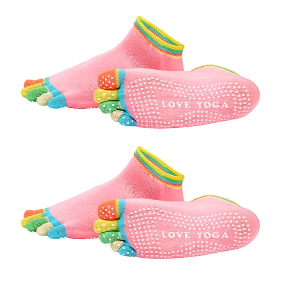 Uxcell Yoga Toe Socks, Non-Slip Five Toe Socks Cotton Toe Sock Finger for Men Women High Performance One Size Fits -Fit for (Pilates/Barre/Ballet/Fitness) 2 Pairs & Colorful-Pink