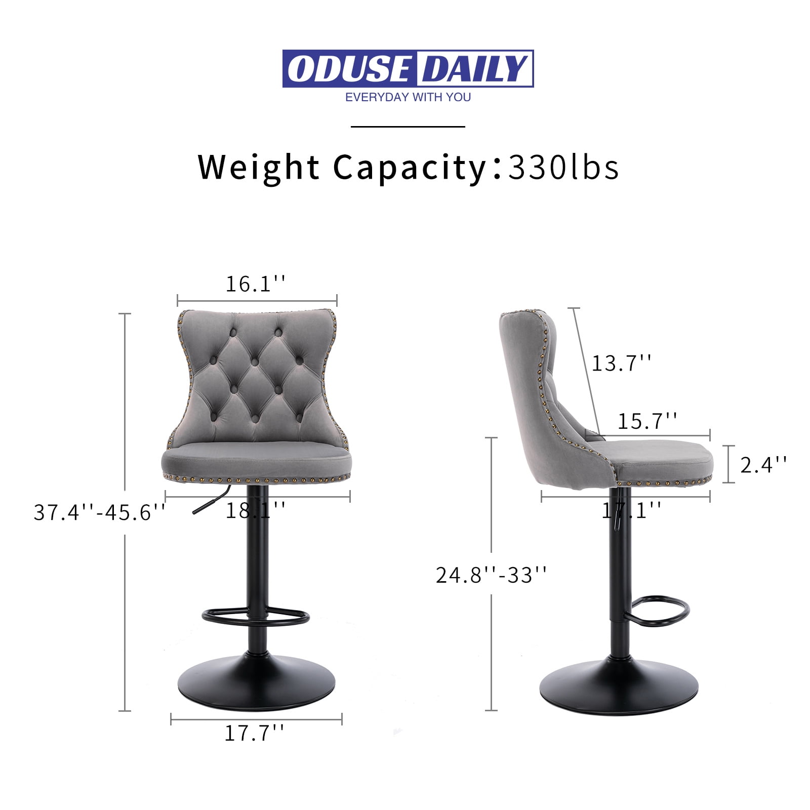 ODUSE-DAILY Gray Velvet Bar Stools Set of 2 - Adjustable Swivel Counter Height Chairs with Tufted Back and Nailhead Trim for Kitchen Island Pub Restaurant (2Pcs, Black Metal, Grey)