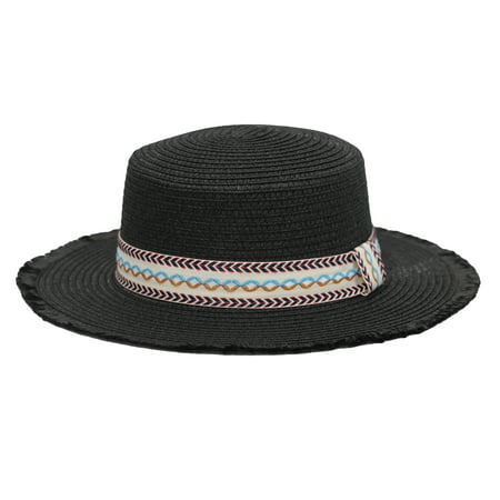 WITHMOONS Boater Skimmer Sailor Straw Amish Hat Banded Derby QZW0059 (Black)