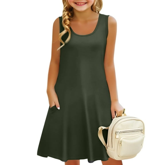 Inglocry Girl's Summer Dress Crew Neck Sleeveless A-Line Swing Dresses Casual Cute Dress for 5-14 Years Dark Green 3-4Years