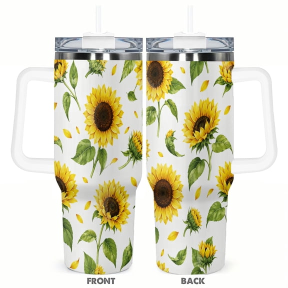 40oz Sunflower Floral Insulated Tumbler with Handle and Straw Stainless Steel Vacuum Travel Cup Bright Garden Coffee Cup Gift