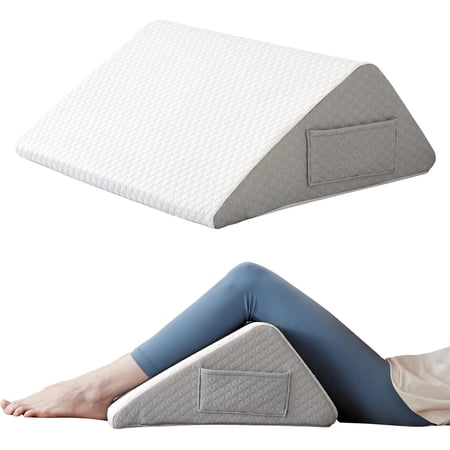 Knee Pillow for Back Sleeping, 8” Knee Wedge Pillow to Elevate Knee, Leg Pillow for Back Pain Relief, Triangle Pillow, Leg Elevation Pillows for After Surgery, Blood Circulation, White/Grey