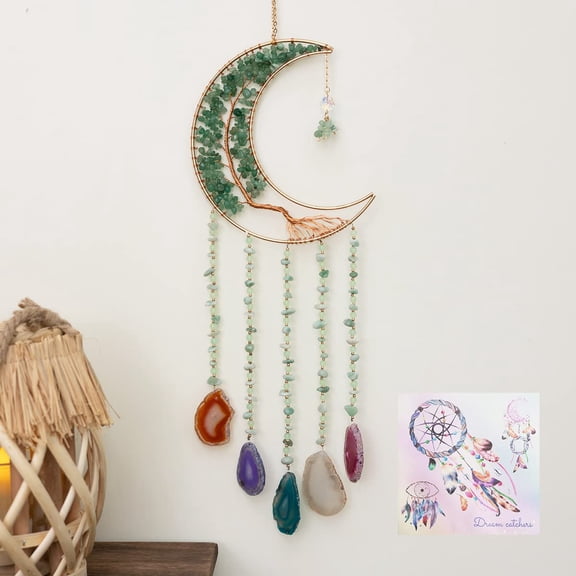 Agate Moon with Crystal Gemstone Natural Tree of Life Gem Agate Wall Hangings Room Garden Decor (Green pine)