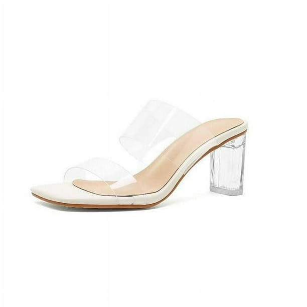 Women Clear Strap Block Heel Crystal Slippers Slip on Fashion Sandals Shoes Clear Heels Sandals Transparent Chunky Heels Backless Open Toe Slip on Dress Mules Heeled Slipper Shoes for Women Girls