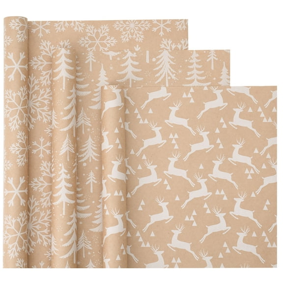 WRAPAHOLIC Kraft Christmas Wrapping Paper Roll - Mini Roll - 3 Rolls - 17 Inch X 120 Inch Per Roll - White Christmas Tree, Reindeer, Snowflake Holiday Collection