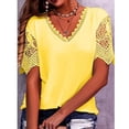 thumbnail image 2 of Blusa casual de manga corta con cuello en V y ribete de encaje de color puro para mujer para uso diario Amarillo XL, 2 of 4